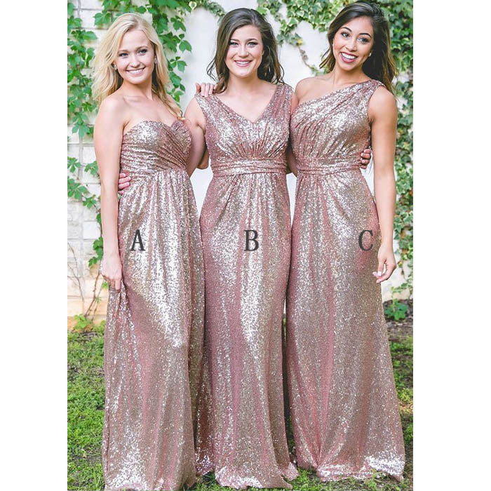 Rose Gold Sequin Mismatched Long Cheap Wedding Bridesmaid Dresses, WG450