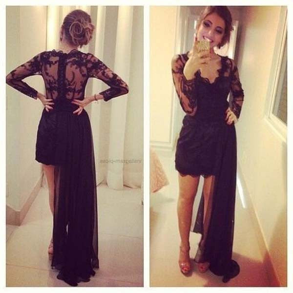 Unique Black Long Sleeve V Neck Lace Short Hi-lo Prom Dress, WG509