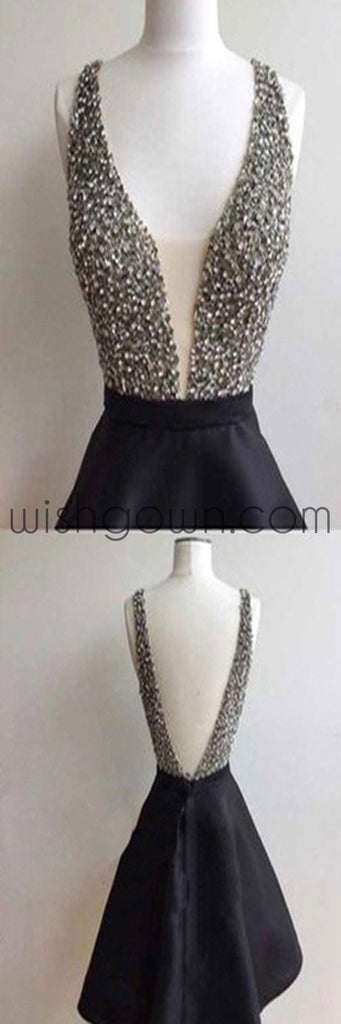 Short black open back sexy freshman homecoming prom dress,BD0050