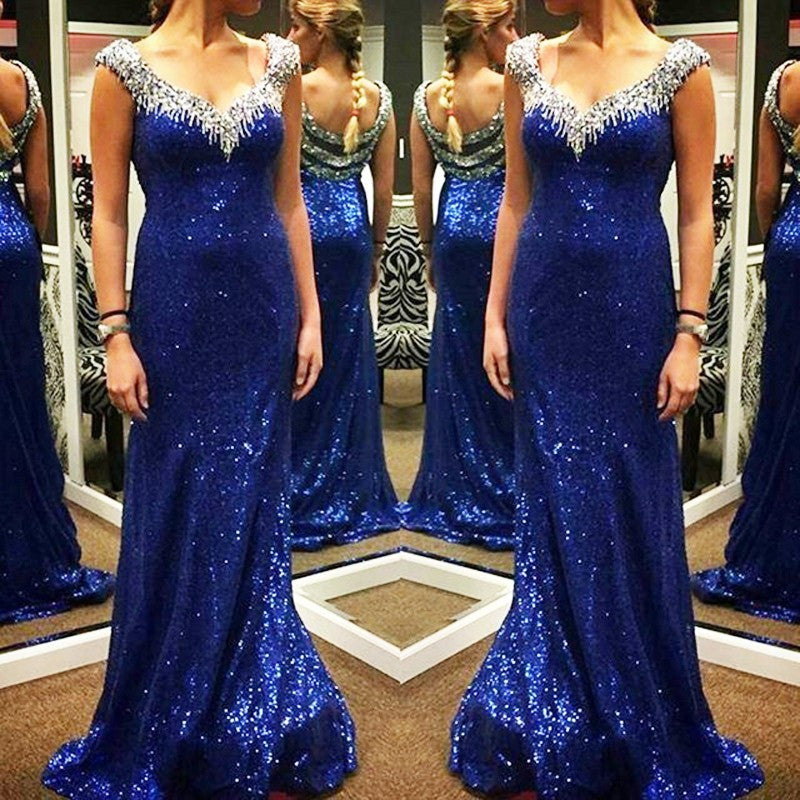 Royal Blue Shinning Sequin Cheap Long Prom Dress, WG565