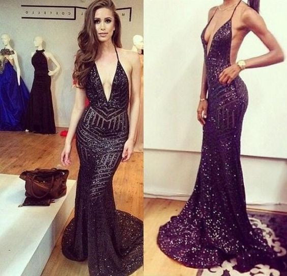 Black Sequin Shinning Deep V Neck Halter Mermaid Long Prom Dresses, WG585 - Wish Gown