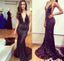 Black Sequin Shinning Deep V Neck Halter Mermaid Long Prom Dresses, WG585