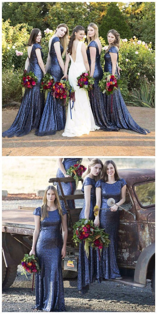 Charming Popular Cap Sleeve Round Neck Royal Blue Sequin Mermaid Long Bridesmaid Dresses, WG61 - Wish Gown