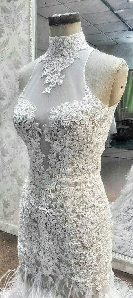 Affordable High Neck Sleeves Mermaid Open Back Lace Charming Long Wedding Dress, WG632 - Wish Gown