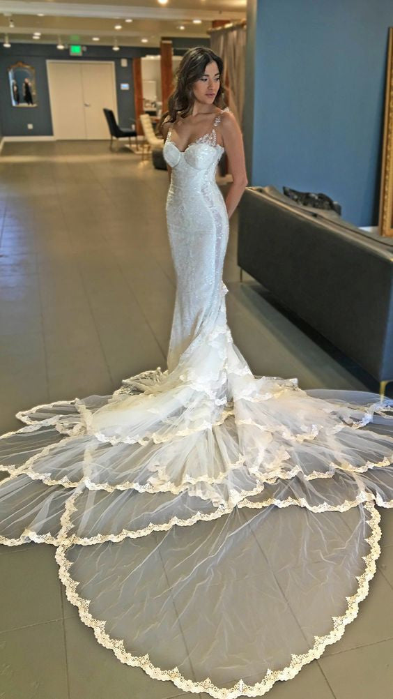 Gorgeous Mermaid Lace Unique Long Train Wedding Dresses, WG660 - Wish Gown