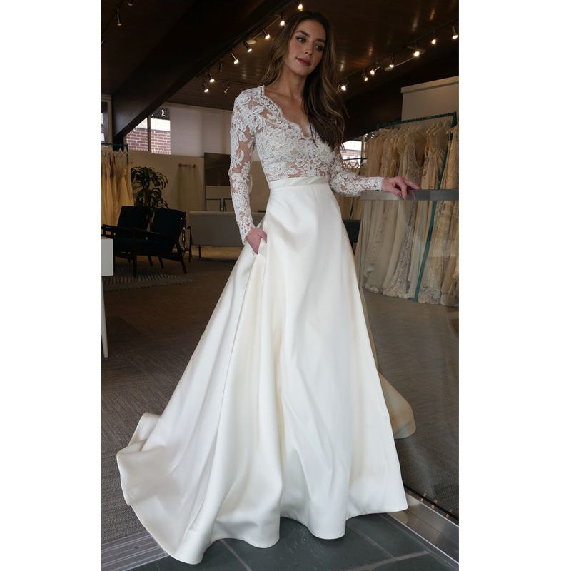 Affordable Long Sleeves Ivory Lace V Neck Elegant Cheap Long Wedding Dresses, WG668 - Wish Gown