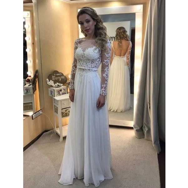 Long Sleeves Open Back Lace Chiffon Cheap Formal Long Wedding Dresses, WG673