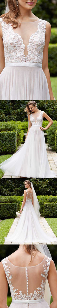 Affordable Seen Through V Neck Lace Top Popular Formal Long Wedding Dresses, WG675 - Wish Gown