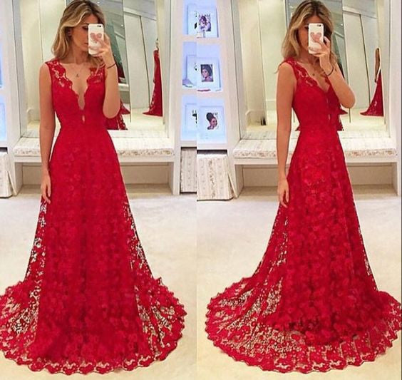 Red Sexy Deep V Neck Lace Elegant Long Prom Dresses, WG996