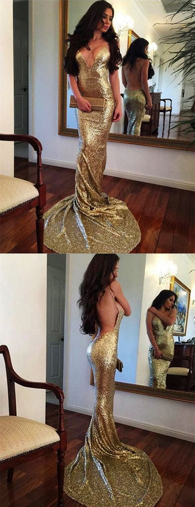 Gold Sequin V Neck Backless Sexy Mermaid Shinning Bridesmaid Prom Dress, WG721 - Wish Gown