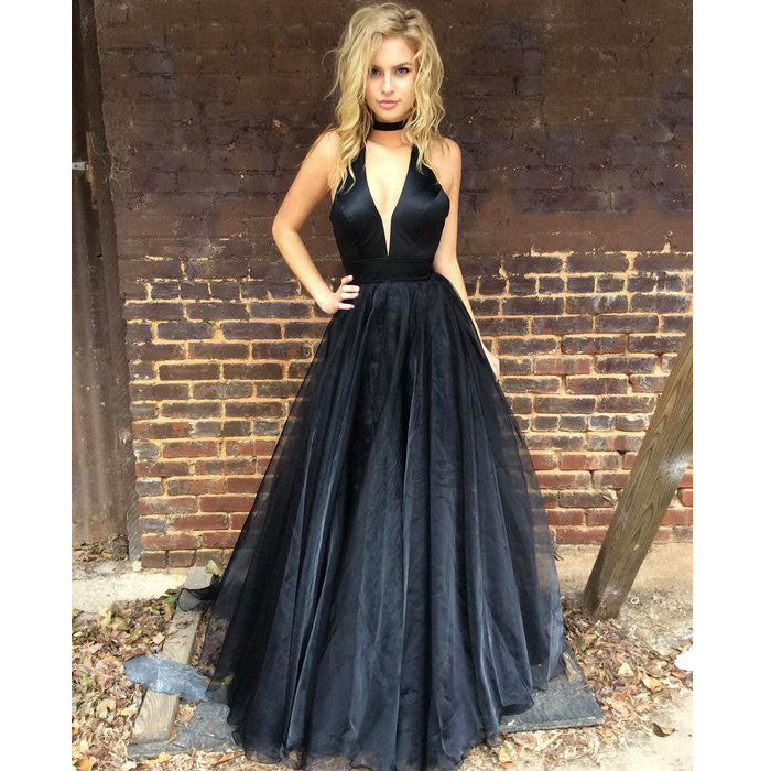 Sexy Black Cheap Deep V Neck Long Evening Prom Dresses, WG764