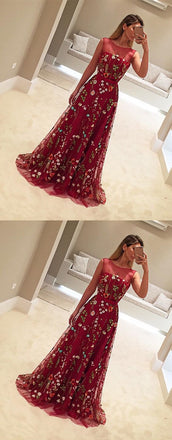 Burgundy Unique Applique Charming Evening Gorgeous Long Prom Dresses, WG769 - Wish Gown