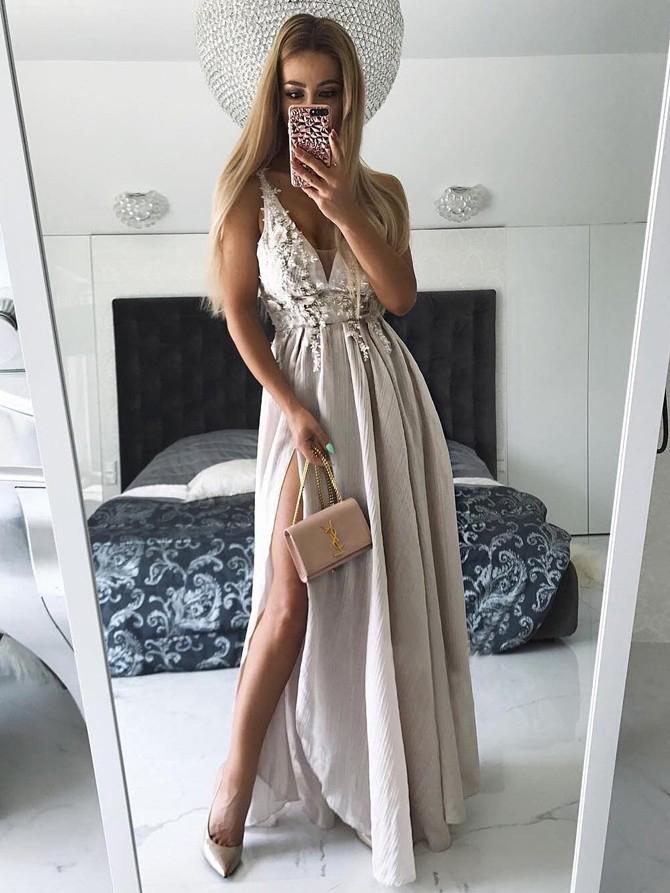 Unique V Neck Side Split On Sale Cheap Long Prom Dresses, WG774