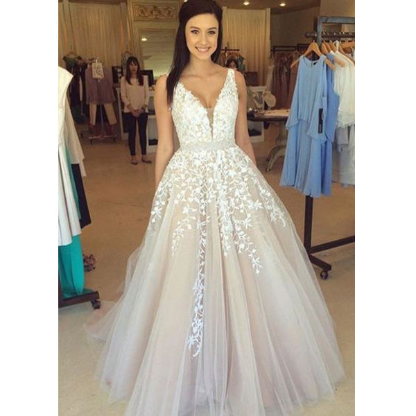 Charming Popular V Neck Applique Tulle Evening Formal Long Prom Dresses, WG795 - Wish Gown