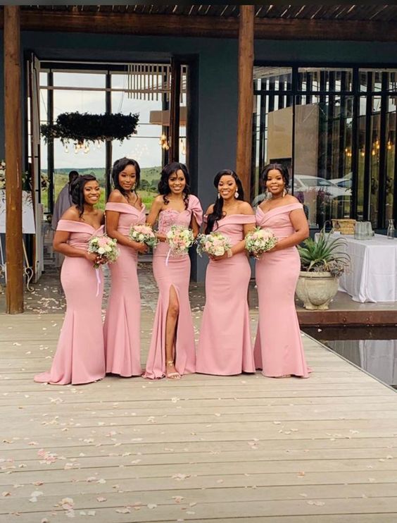 Mismatched Pink Mermaid Side Slit Off Shoulder Long Bridesmaid Dresses, WGM155