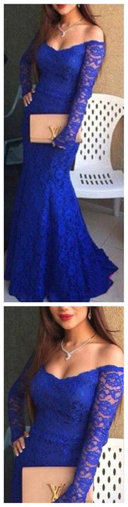 Royal Blue Party Sexy Lace Long Sleeve Inexpensive Evening Prom Dresses Online, PD0116