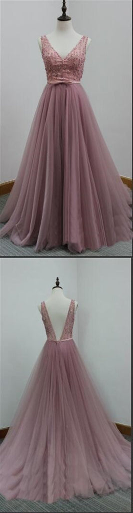 V-Back Tulle A-line Discount Formal Evening Party Cheap Long Prom Dress, PD0173