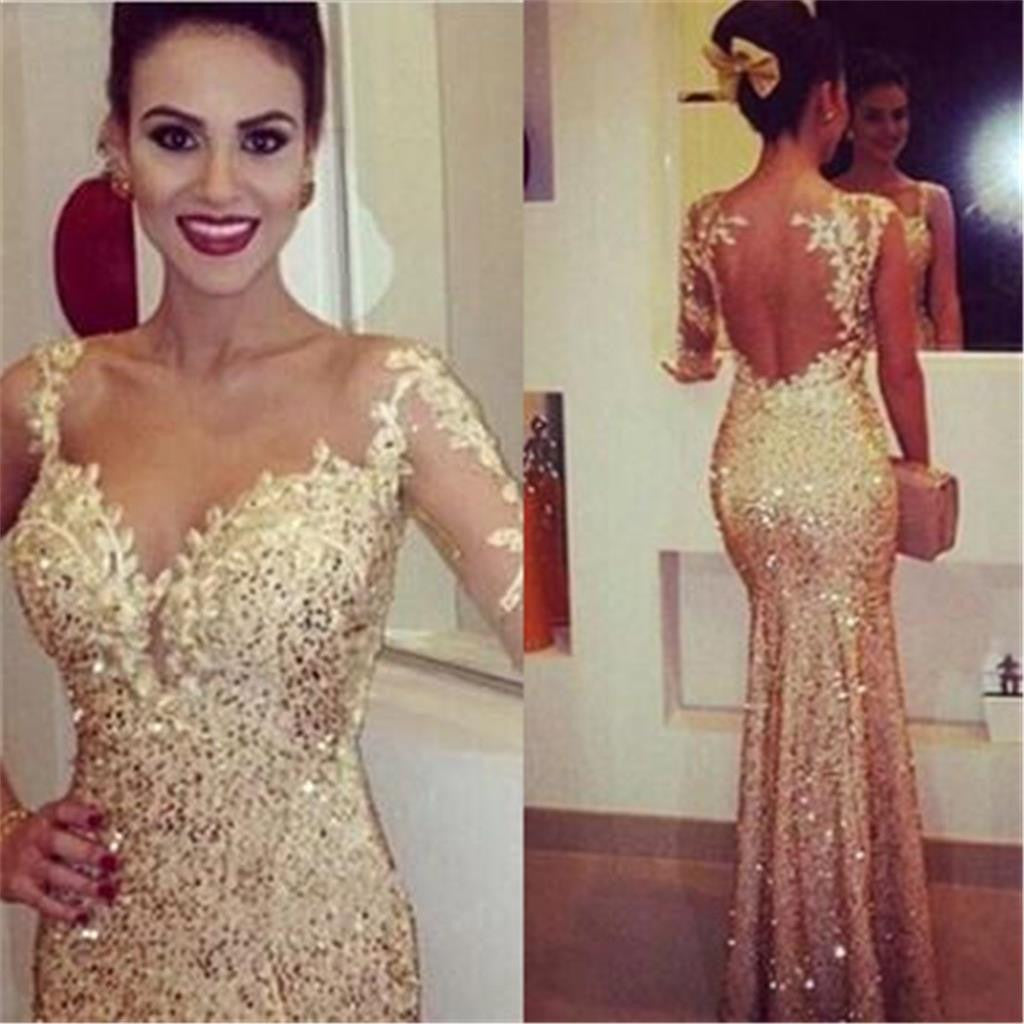 Yellow Sexy Mermaid See Through Back One Shoulder Long Sleeve Shinning Long Prom Evening Dresses, PD0178