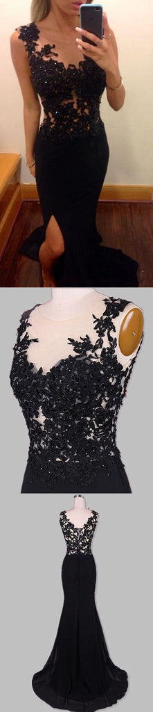 Popular Charming Black Mermaid Side Split Long Sexy Backless Lace Prom Dresses, PD0031