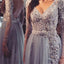 Long Sleeve Grey Lace Backless V-Neck Cheap Custom Make Long Prom Dresses, PD0038