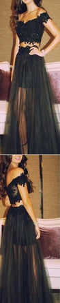 Online Junior Black Lace Off Shoulder Tulle Long Two Pieces Party Evening Prom Dresses, PD0081