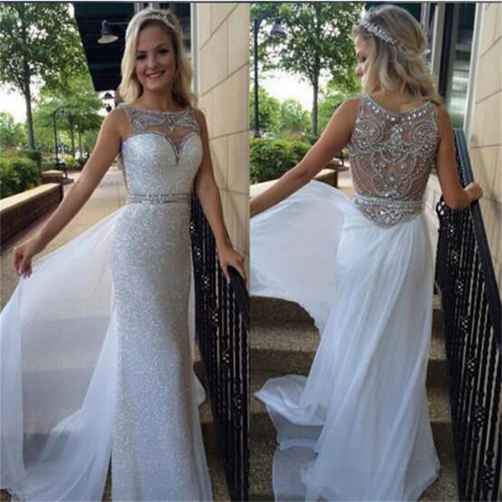 Long White Off Shoulder Sleeveless Sparkle Sequin Elegant Discount Newest Prom Dresses, PD0092