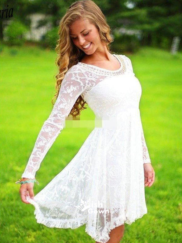 Long Sleeve White See Through Lace Beaded Wedding Bridesmaid Homecoming Prom Dress, BD00134