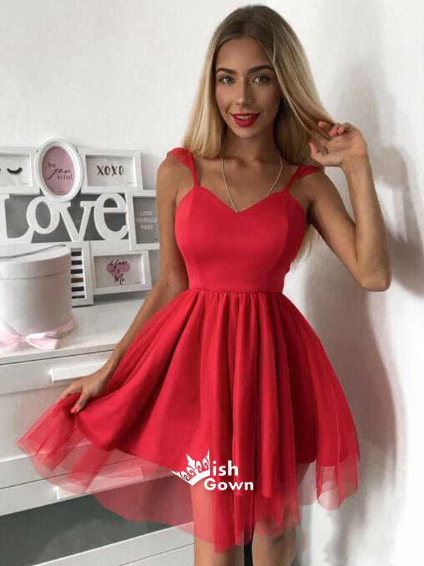 Red Simple Spaghetti Strap Mini Casual Homecoming Prom Dresses, BD00170