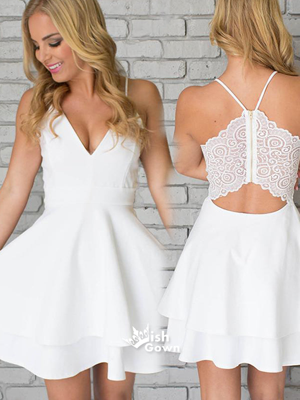 Short White Lace Simple V-neck Spaghetti Strap Cocktail Homecoming Prom Gown Dress, BD00176