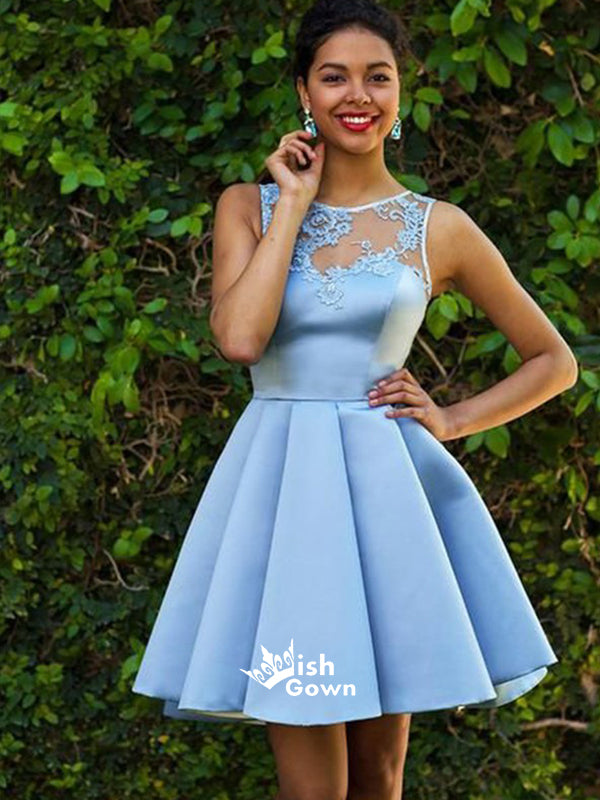 Lovely Blue Halter Lace Satin A-lineShort Homecoming Prom Dresses, BD00198