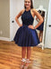 Royal Blue Beaded Halter Short Satin Homecoming Prom Dresses, BD0034