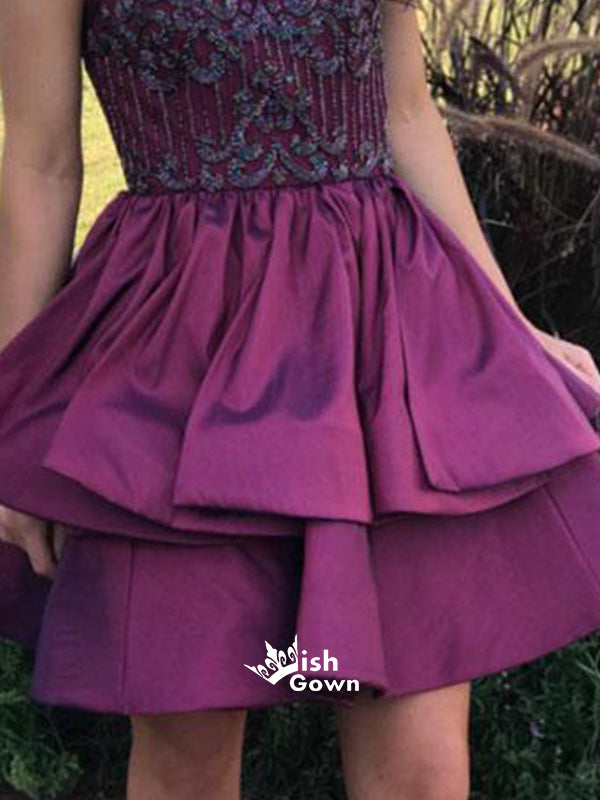 Modest Purple Halter Appliques Satin A-line Mini Casual Homecoming Prom Gown Dress, WGP057