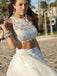 White Halter Lace Two Pieces Short Beach Wedding Bridesmaid Homecoming Dress, BD0093