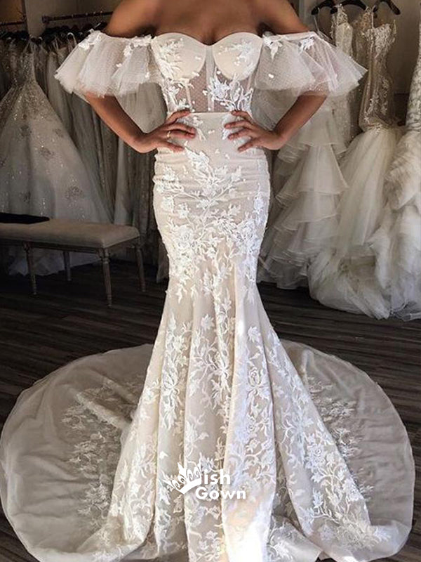 Unique Off the Shoulder Sweetheart Mermaid Applique Long Wedding Dresses, BW152