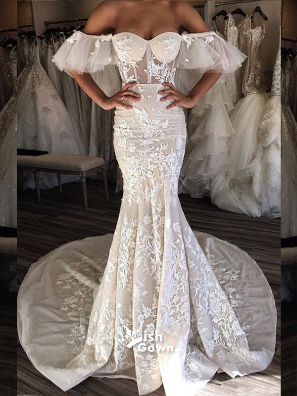 Unique Off the Shoulder Sweetheart Mermaid Applique Long Wedding Dresses, BW152