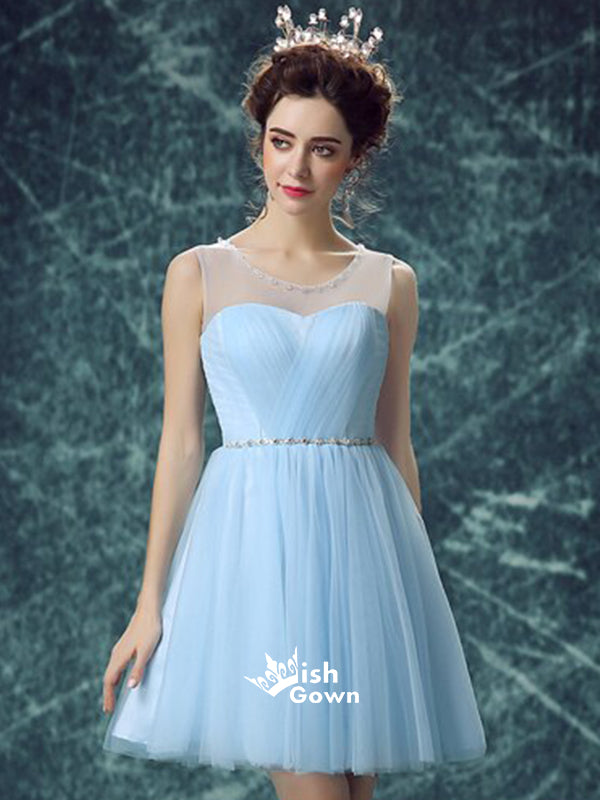 Light Blue Illusion Tulle Cute Homecoming Prom Cocktail Dresses, CM0017