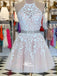 Cute Pink Halter Applique Lace Short Homecoming Dresses EPT116