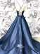 Simple Blue Satin Lace Up Back Long Prom Dresses, MD1108