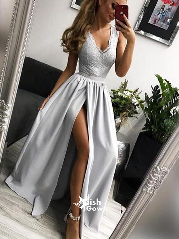 Silver A Line Side Slit Formal Long Prom Dresses, MD1120