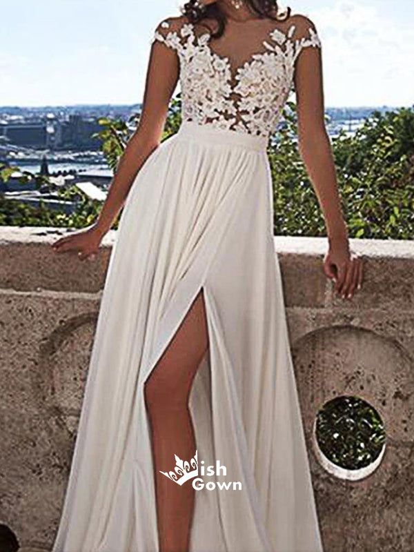 Long Cap Sleeve White Side Slit Lace Chiffon Cheap Prom Dresses, On Sale Wedding Dress, PD0046