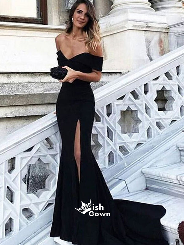 Simple Chic Black Mermaid Side Split Off Shoulder Sexy Evening Long Prom Dresses, PD0147