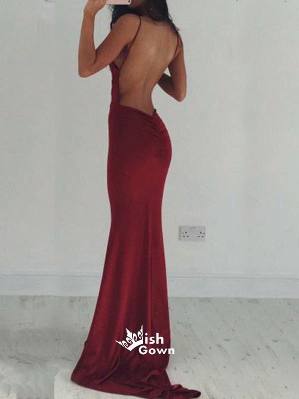 Backless Spaghetti Straps Sexy Burgundy V-neck Mermaid Evening Inexpensive Long Prom Dresses, PD0161