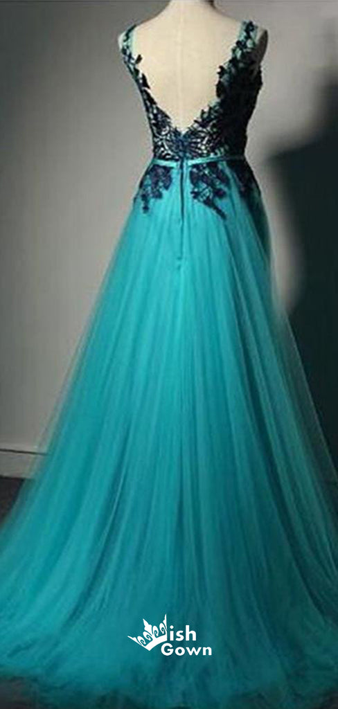 Tulle V-Back Floor-length Black Apllique A Line Formal Inexpensive Evening Long Prom Dress, PD0202