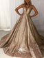 Sparkle A-line Popular V Neck Long Prom Dresses PG1101