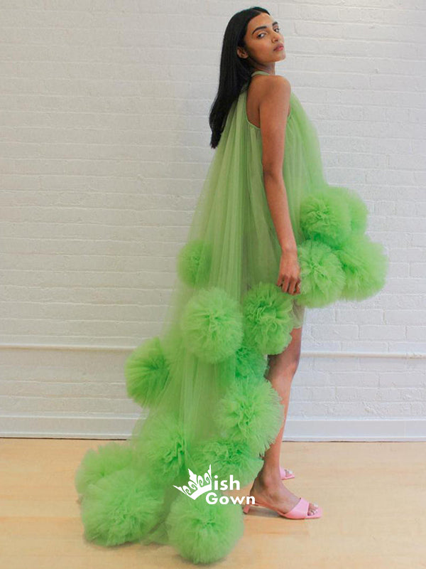 Halter Green Tulle High Low Long Prom Dresses PG1105