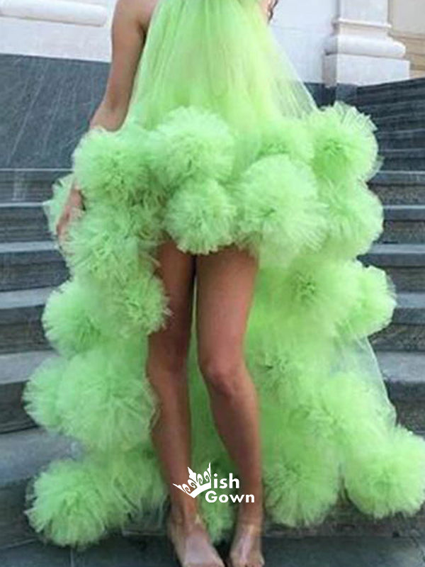 Halter Green Tulle High Low Long Prom Dresses PG1105