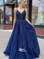 Royal Blue Tulle Spaghetti Strap V-back Appliques Top Long Prom Dresses, PG1107