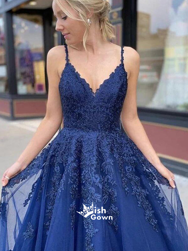 Royal Blue Tulle Spaghetti Strap V-back Appliques Top Long Prom Dresses, PG1107