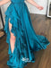 Peacock Blue Ruffle A-line Spaghetti Strap Side Split Evening Cocktail Dress Long Prom Dresses PG1114