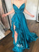 Peacock Blue Ruffle A-line Spaghetti Strap Side Split Evening Cocktail Dress Long Prom Dresses PG1114